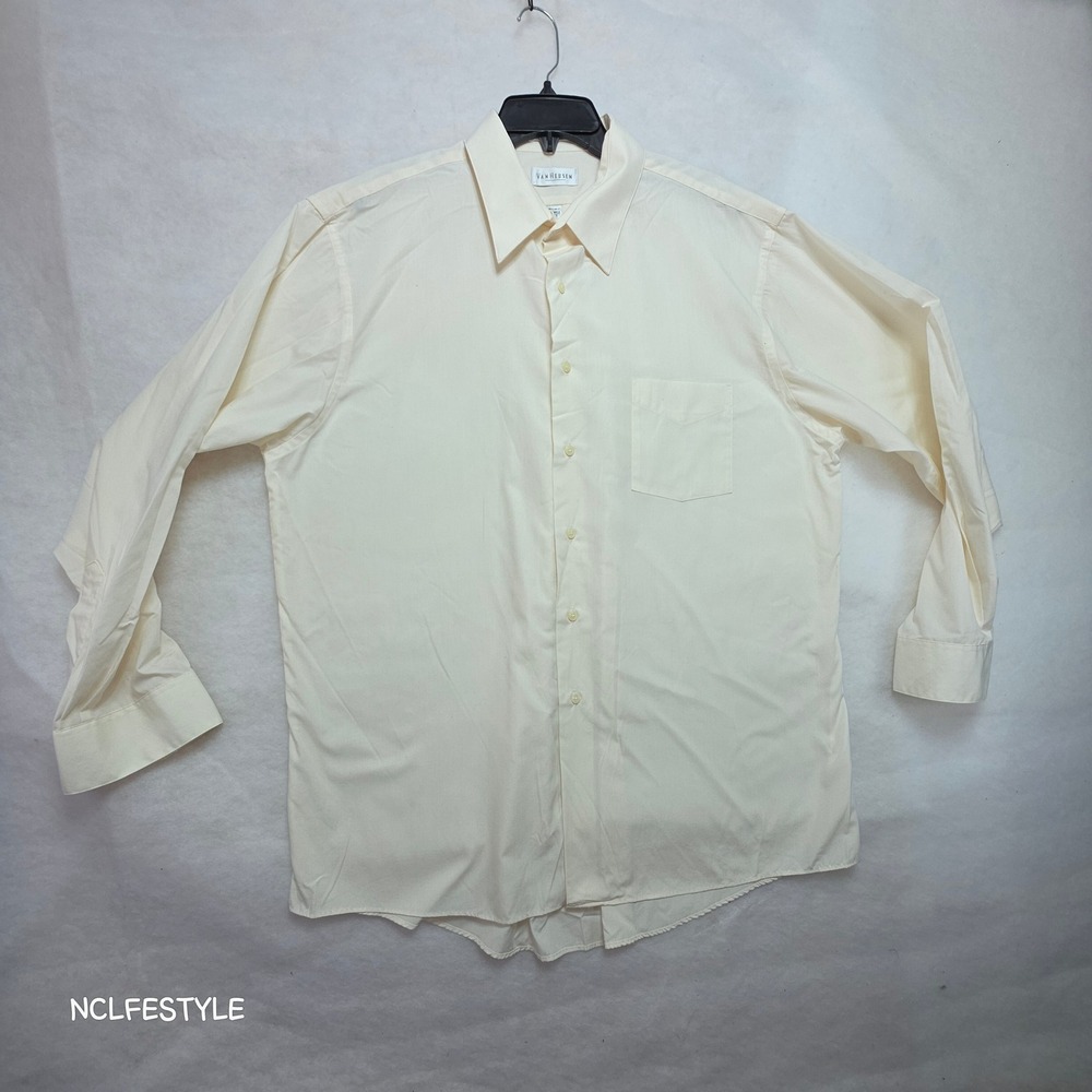 Van Heusen Mens XL Dress Shirt Cream Wrinkle Free Poplin Regular Fit 17.5 34/35